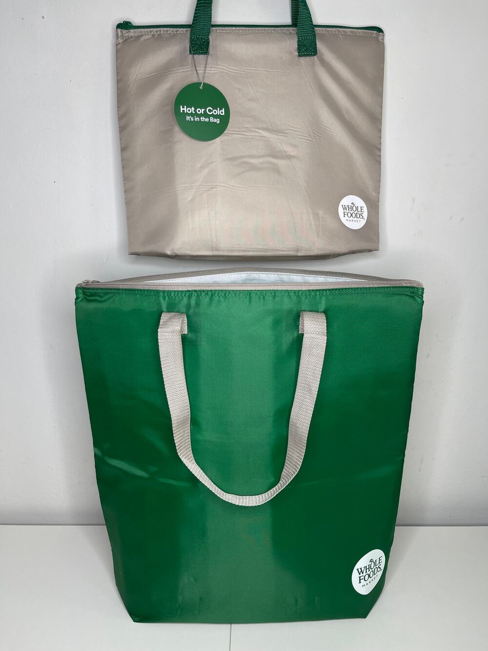Set of 2! Whole Foods Small + Large Slim Insulated Cooler Tote Bags Green + Gray